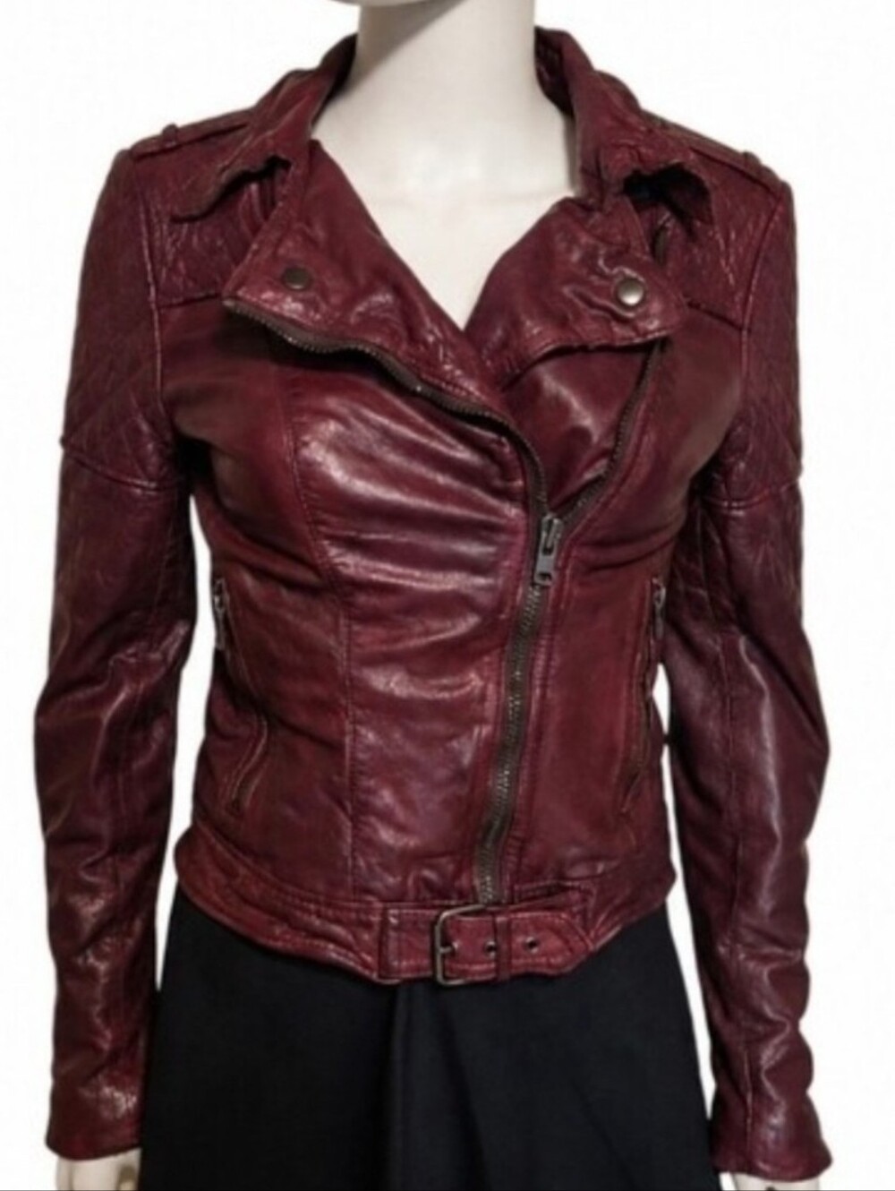 MUUBAA | Burgundy Leather Moto Jacket Quilted Goat Leather Women's US 2